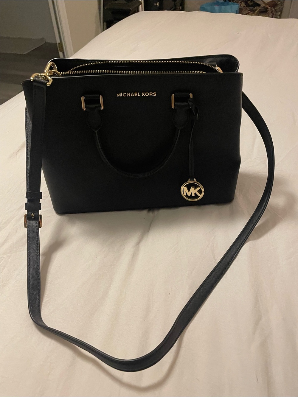 Michael Kors Black Leather Logo Charm Satchel with Gold Hardware